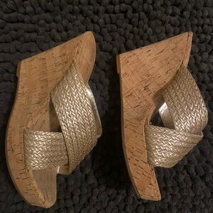 NINE WEST Gold Woven Cork Wedge Sandals